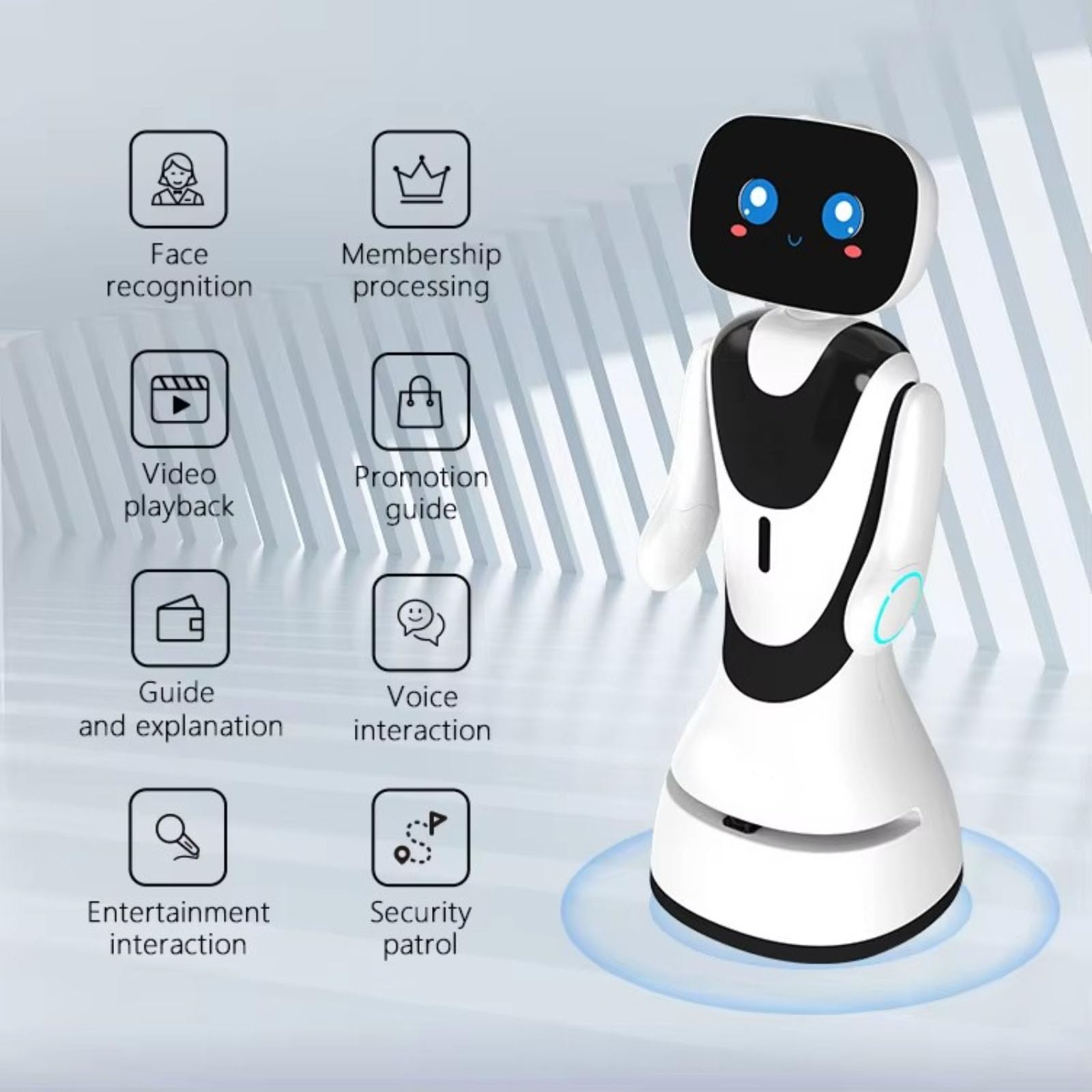 Robot de guía inteligente móvil. El robot tiene capacidades multilingües de reconocimiento de voz y difusión, así como traducción del idioma, lo que lo hace perfectamente adecuado para museos
