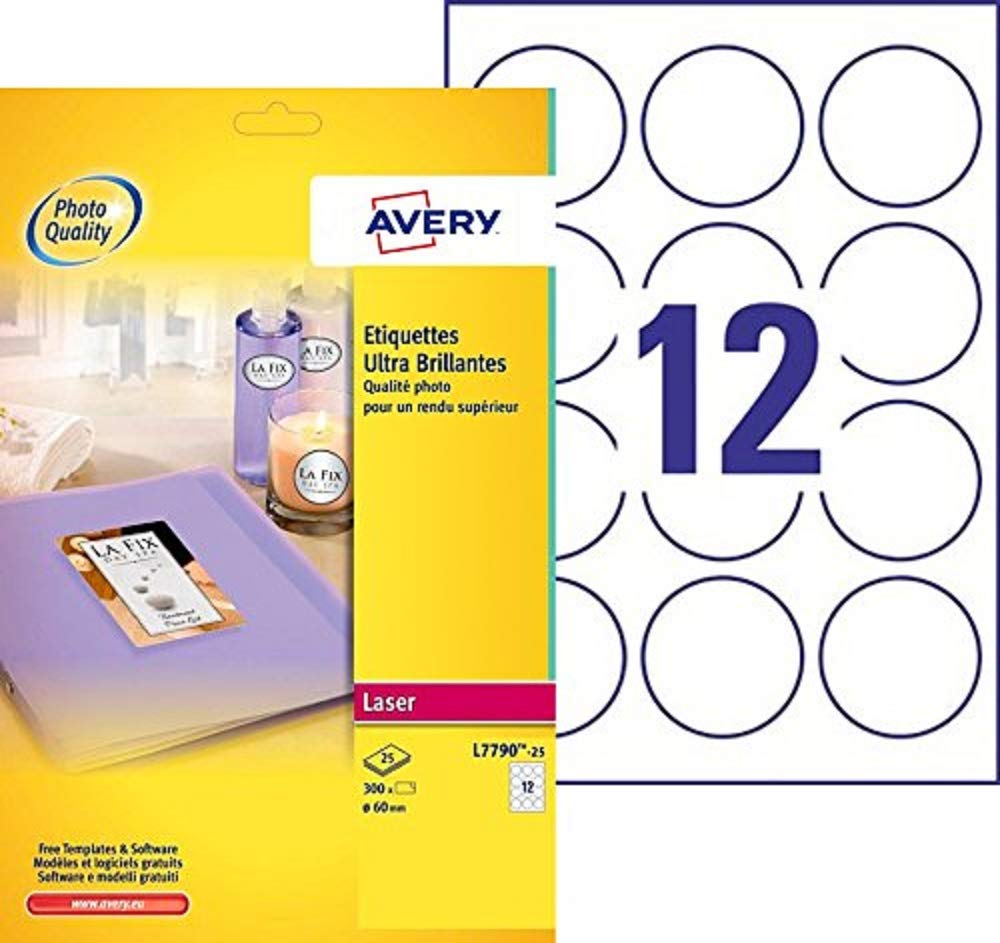 Avery Dennison Lot de 25 feuilles d'étiquettes rondes et brillantes Blanc