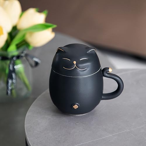 Miniatura 2 de HEER Taza de té de cerámica con infusor y tapa bonita taza de café de gato de la suerte regalo para los amantes de los gatos taza de té china de