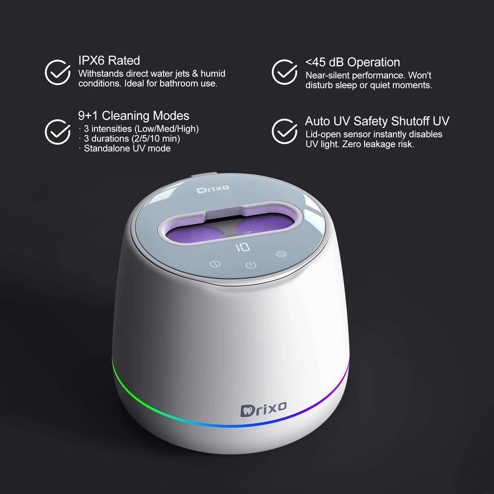 Drixo Limpiador Ultrasonidos Dental y Férula, 45kHz 24W Ultrasonic Cleaner, Máquina 200ML para Alineadores Invisibles, Retenedores, Dentaduras y Brackets, IPX6 Impermeable, 9 Modos, Marfil