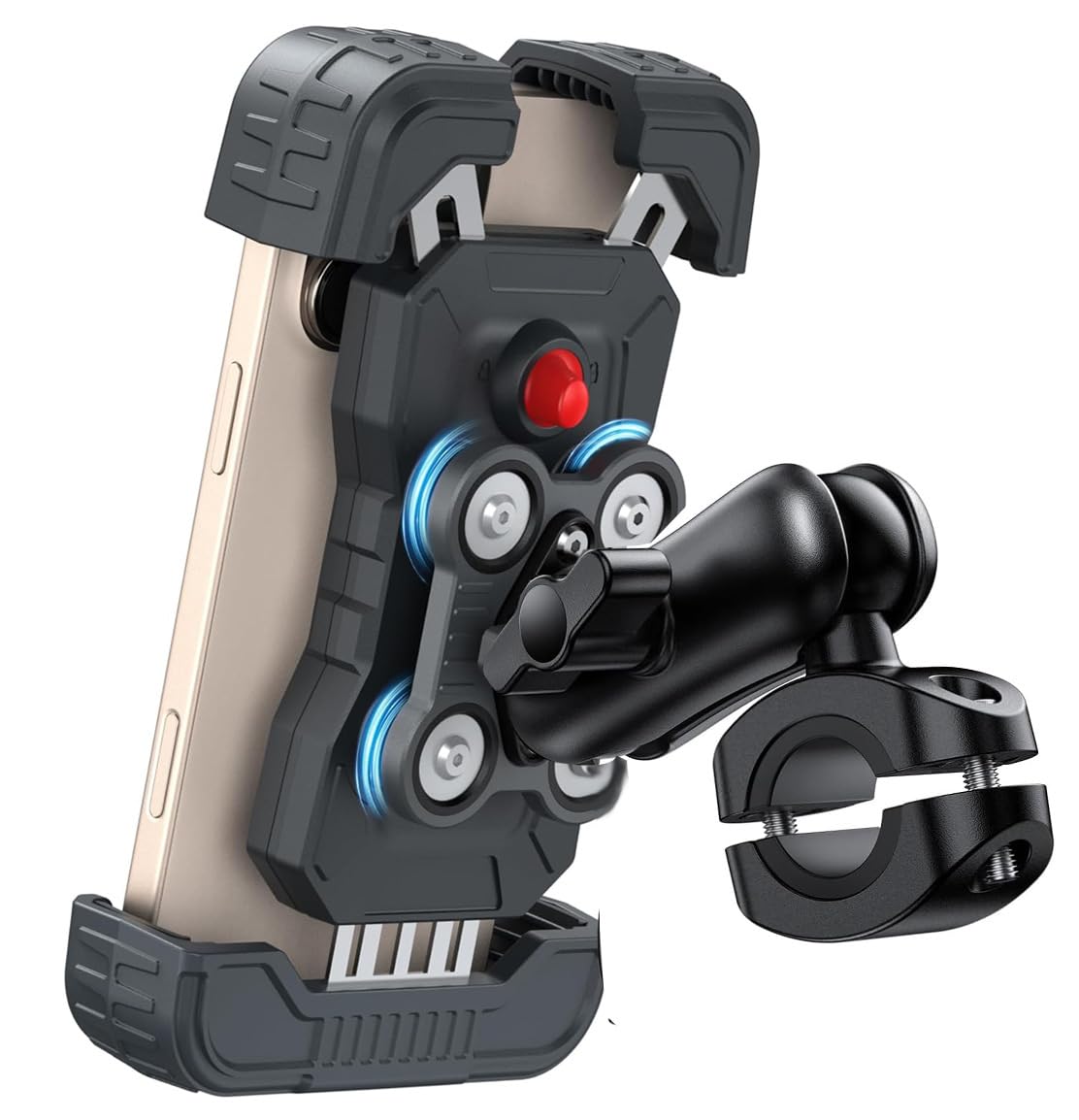 ONEMAJI Motorcycle Phone Mount for QJMOTOR SRK 800 RR 2024 2025 2026, Rugged Black Alloy Handlebar Cradle with Vibration Damping Tech for 20-35mm Bars Secure Anti Shake Device Support