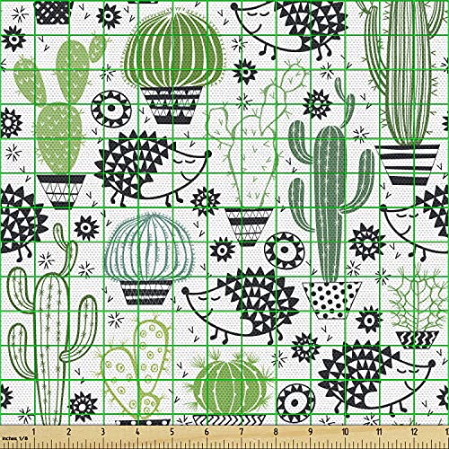 Image of Ambesonne Cactus Fabric by The Yard, Cartoon Style Inspired Drawing of Hedgehog Animals Saguaro and Prickly Pear, Decorative Fabric for Upholstery and Home Accents, 1 Yard, Cream Green