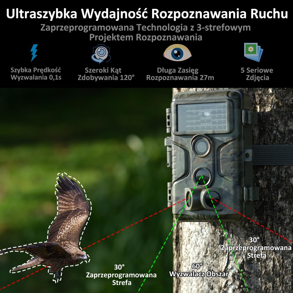 GardePro A3S kamera leśna z kartą SD o pojemności 64GB, kamera do obserwacji dzikich zwierząt 64MP 1296P H.264 z jasnym zakresem 30m bez podświetlenia na podczerwień, 0,1s szybki spust z widocznością