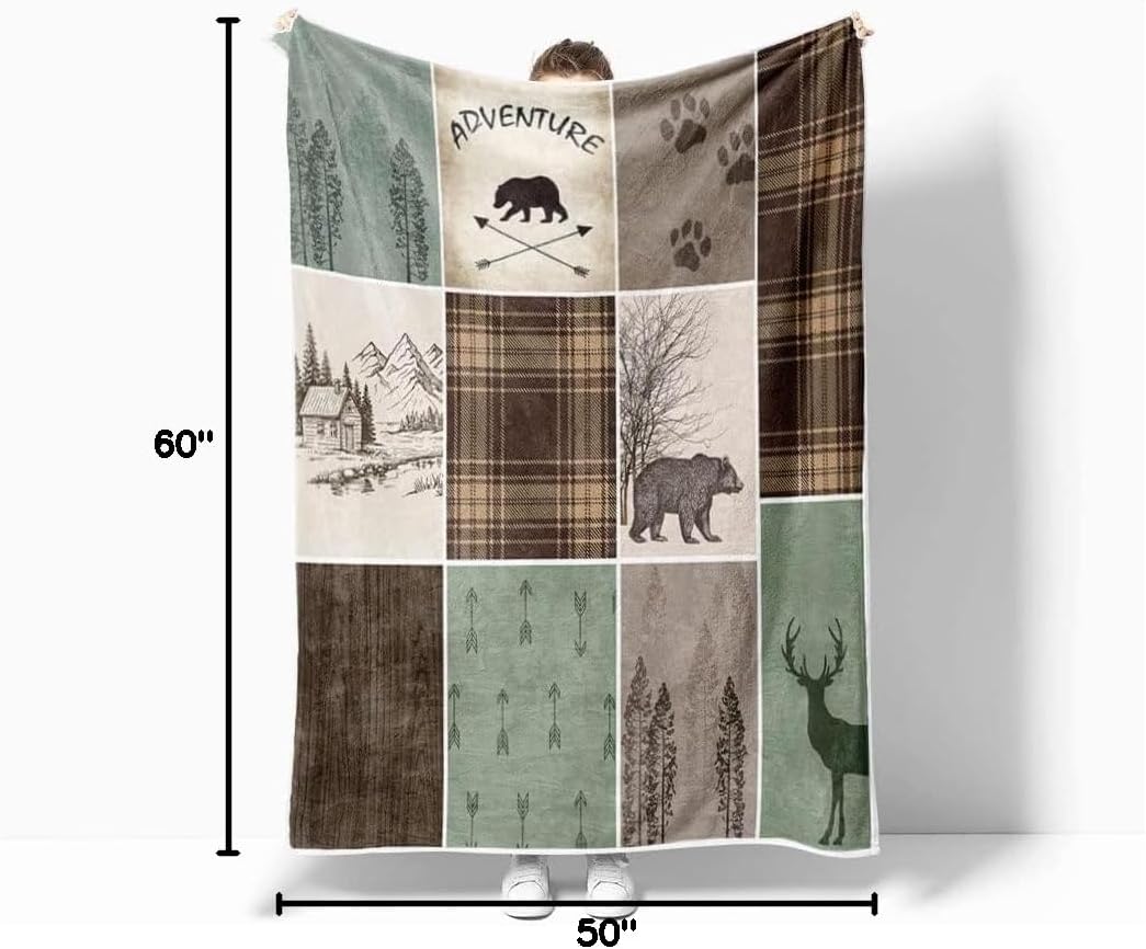 Torich Cabin Retro Rustic Lodge Flannel Throw Blankets, Bear Deer Country Hunting Wild Animal Cozy Warm Bed Couch Blanket, White Fleece Flannel Throws to Decorate The Room and Bedroom Camping Travel