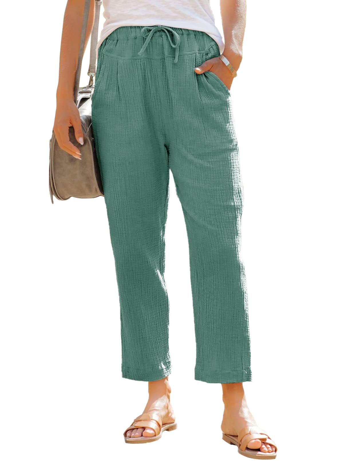 DokotooLinen Pants for Women Casual Loose Straight Elastic Waist Pants with Pockets