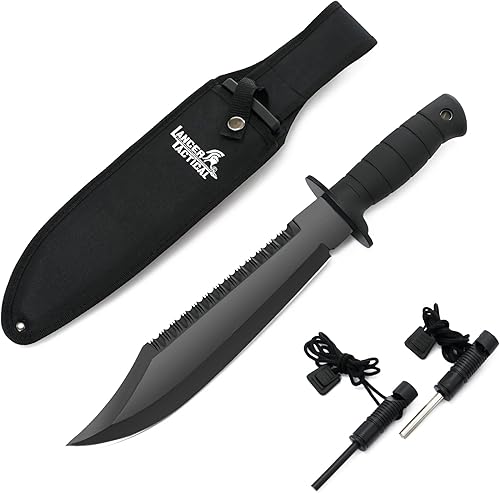 LANCERGEAR Cuchillo de caza de supervivencia con funda, hoja fija de acero inoxidable de 15 pulgadas, mango antideslizante de goma negra, adecuado disponible en Yaxa Costa Rica