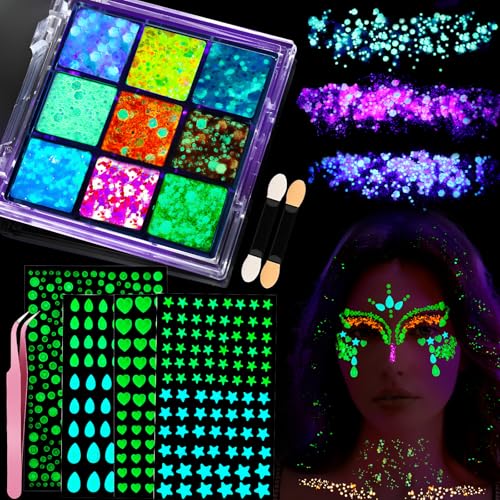YGDZ Glow in The Dark Body Glitter Face Glitter Gel Mermaid Face Gems Kit Hair Glitter Jewels for Makeup Festival Outfits for UV Black Light Party Rave Accessories for Women