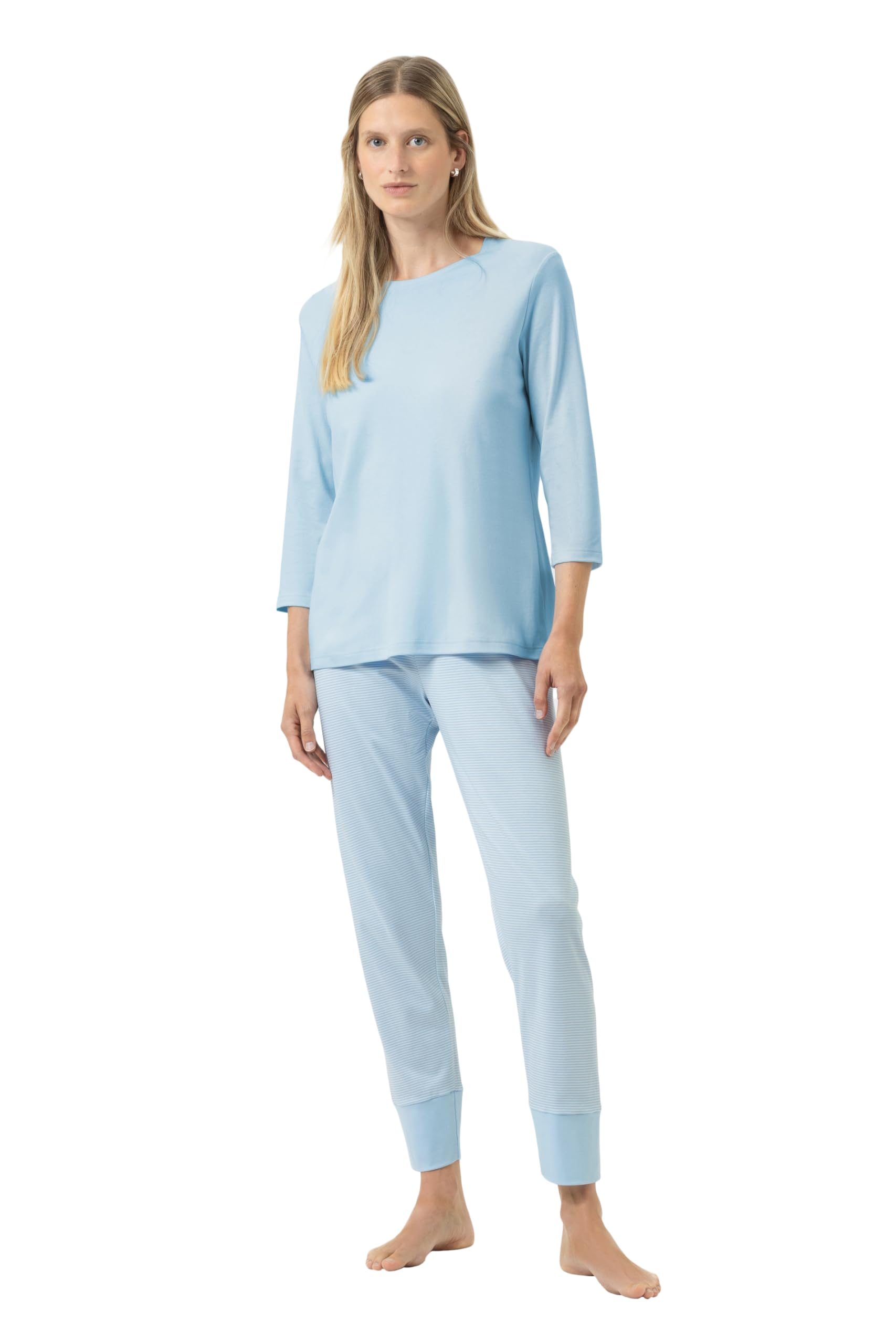 Mey Damen Anzug 7/8 lang, 3/4 Arm: 2-teiliger Pyjama, Legere Passform, Unifarbenes Shirt mit 3/4-Arm, Rundhalsausschnitt, Hose im Streifen-Look, Serie Simple Stripes