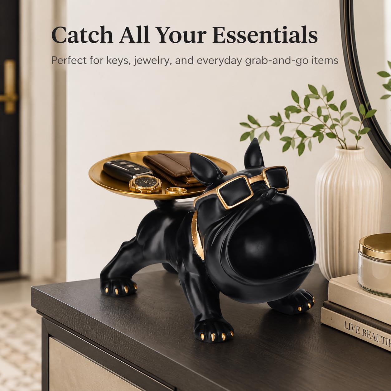 Bouledogue Français Statue Decoration Interieur,Vide Poche Entree,Vide Poche Plateau Decoratif,Rangement Clef,Statue en Résine,Statue Animaux Decoration Maison
