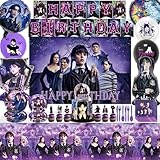Picture of Wednesday Inspire Birthday Party Decorations, Wednesday Inspire Party Supplies Set Include Banner, Backdrop, Foil Latex Balloons, Tablecloth, Cake Toppers, Tableware