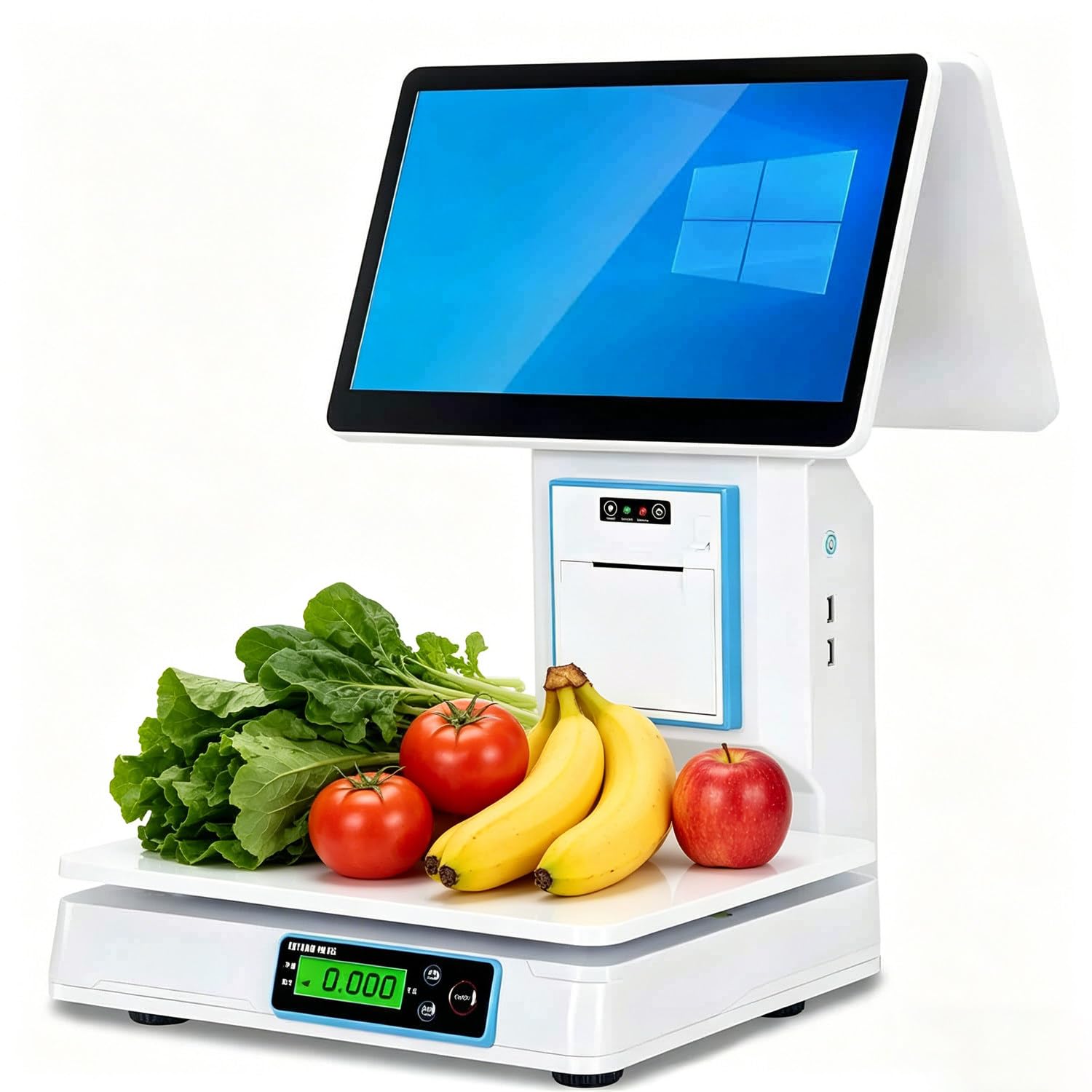 Registratore di cassa intelligente all-in-one, registratore di cassa touch screen, con monitor touch screen, stampante termica da 58 mm, scanner, cassetto contanti e 20 rotoli di carta Dualscreen