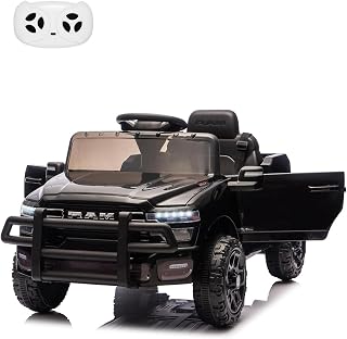 12V Ride on Truck Car, Licensed RAM Pickup Car w/Remote Control, Battery Powered Electric Car with Music, Spring Suspension, 3 Speeds, LED Lights & All-Terrain Tires, Gift for Boys Girls-Black
