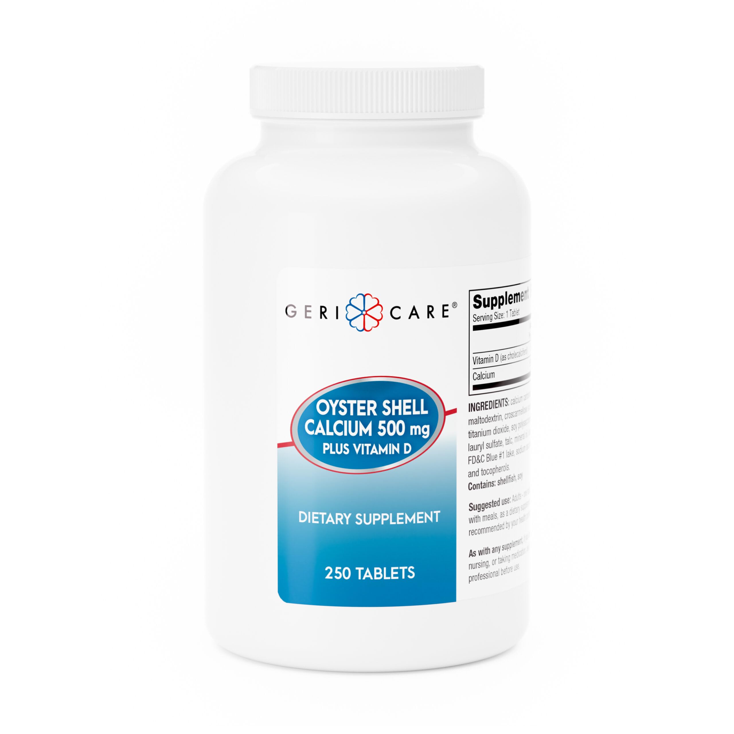 GeriCare Oyster Shell Calcium 500mg + Vitamin D, Bone Health, Nutritional Supplement Tablets, 250 Count (1 Pack) 250 Count (Pack of 1)