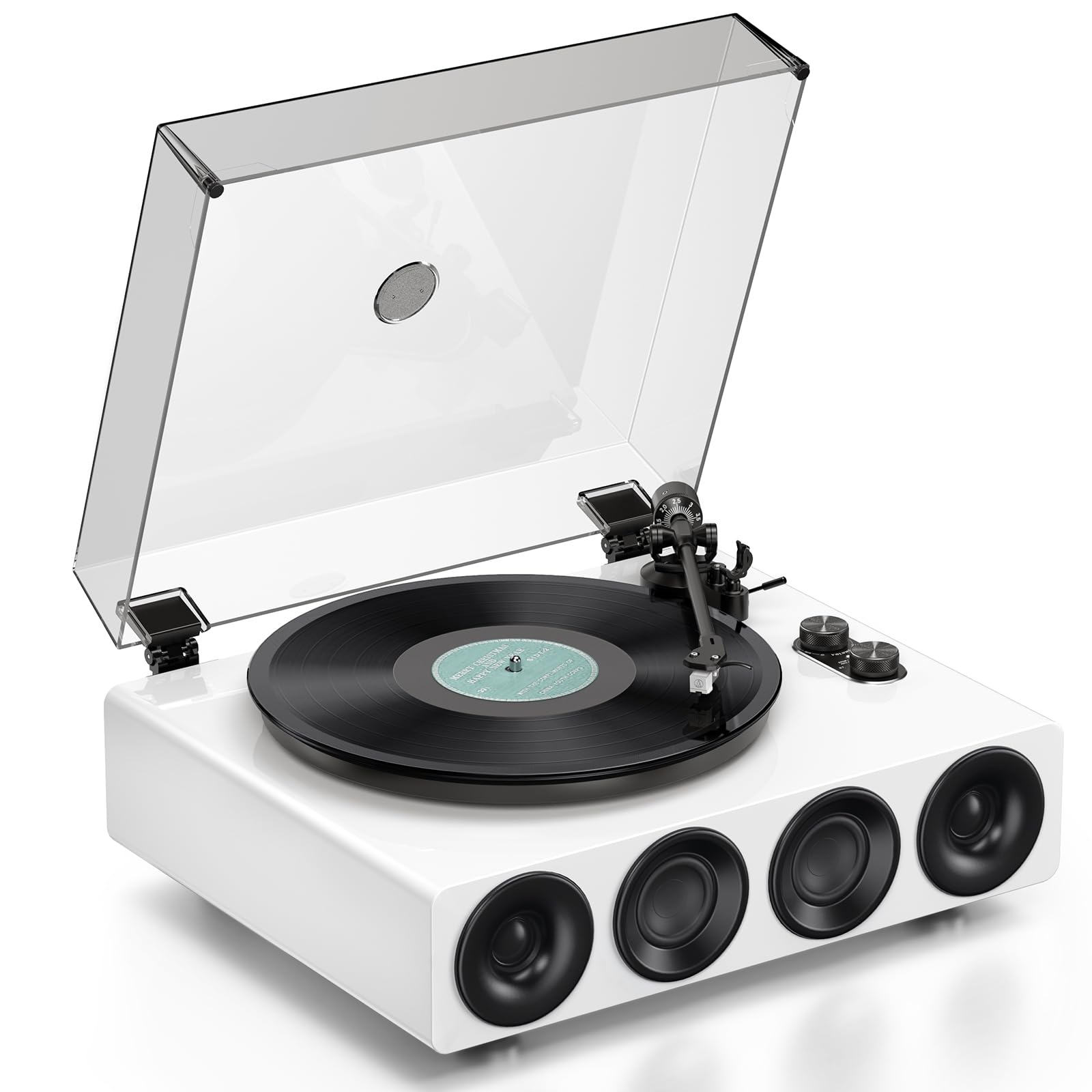 1 BY ONE Giradischi Tutto in Uno con Ingresso Wireless, Trasmissione a Cinghia Hi-Fi, Altoparlanti Integrati, Testina Magnetica AT-3600L, Preamplificatore Integrato, Finitura Bianca Laccata Tipo Piano