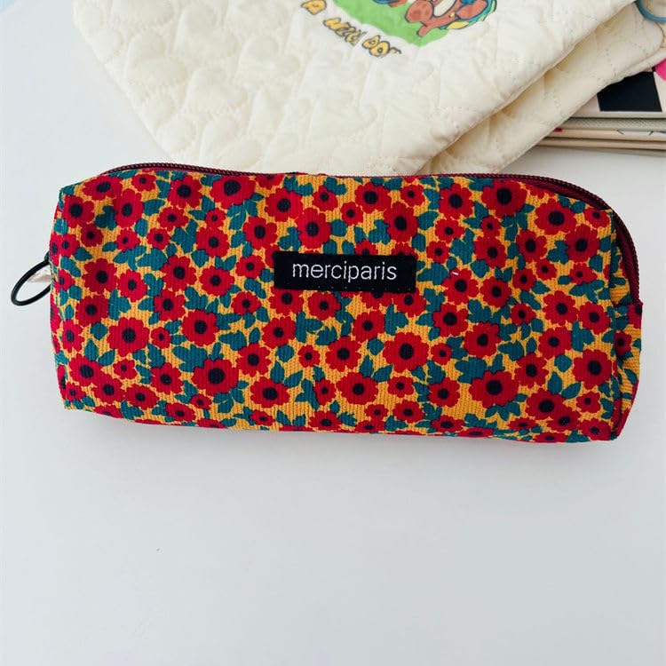 Image of Flower Prints Pencil Pen Pouch Purse Bag Cosmetic Case Organizer Soft Cotton Canvas (E)