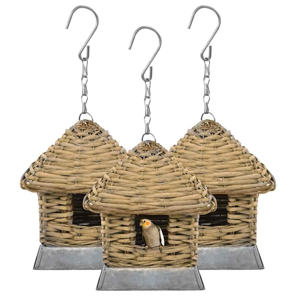 3 pajareras nido de hierro fundido y mimbre marrón, 17 x 17 x 19 cm, para pájaros silvestres cantores en balcón, jardín como comedero con techo protector