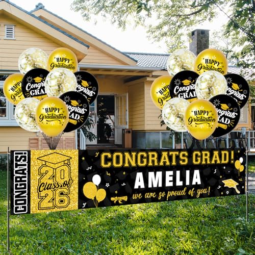 Graduation Party Decorations Gold Black Personalized Class of 2026 Graduation Banner with 78 Alphabet Stickers and Balloons Congrats Banner for College High School Party Supplies