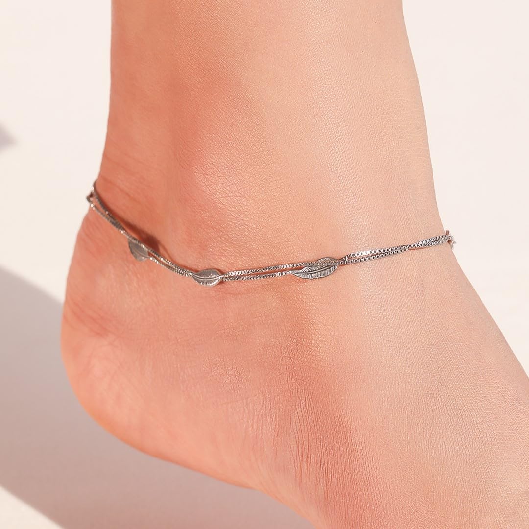 Women's 925 Sterling Silver Modest Leaf Rhodium Plated Chain Anklet, Single
