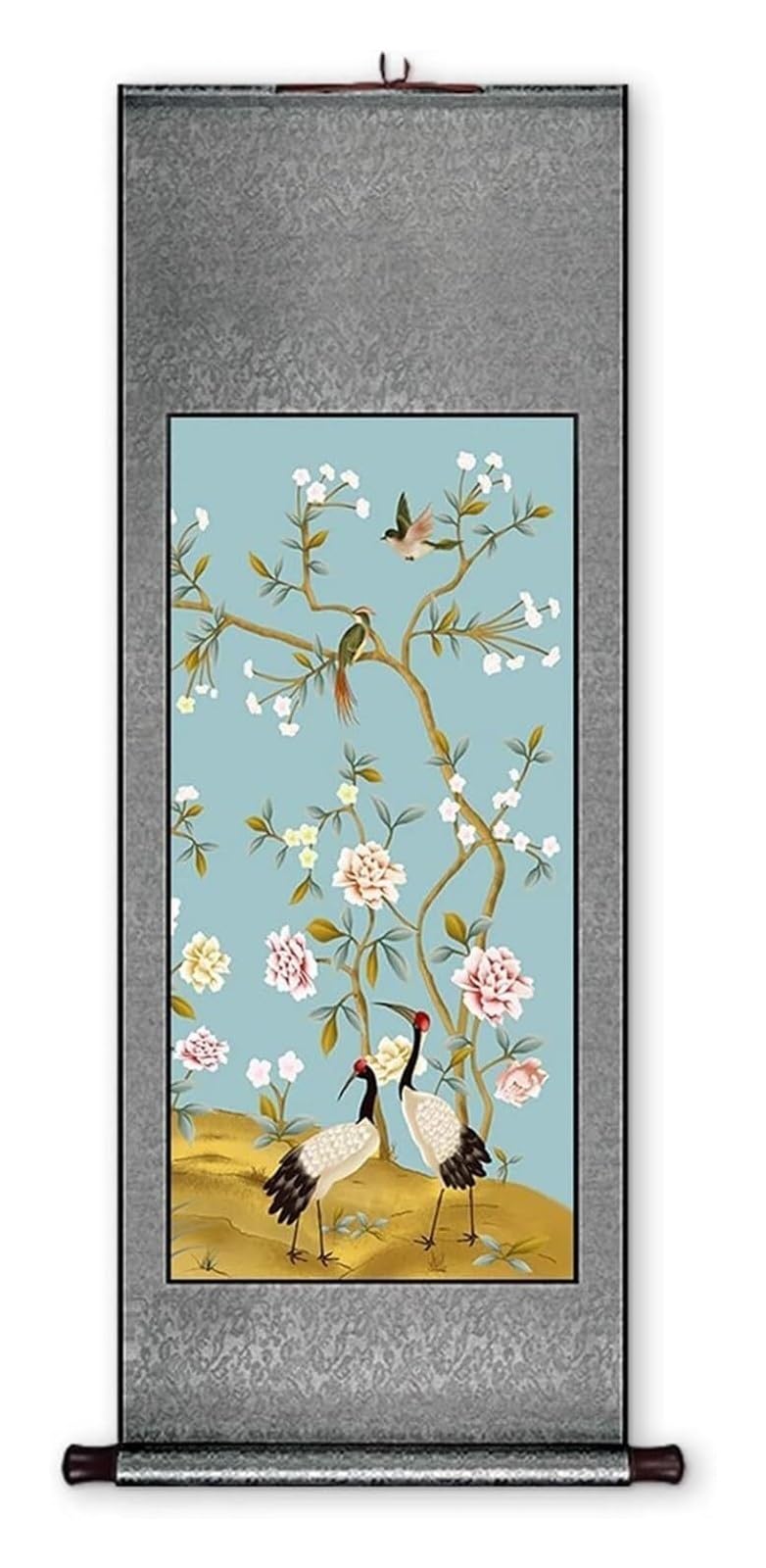Radosny ptak, kwiatowy zwój, ręcznie wykonany chiński wieszak ścienny, dekoracja feng shui do przedpokoju, kreatywna kolekcja prezentów(Retro color C,59L x 148W cm)