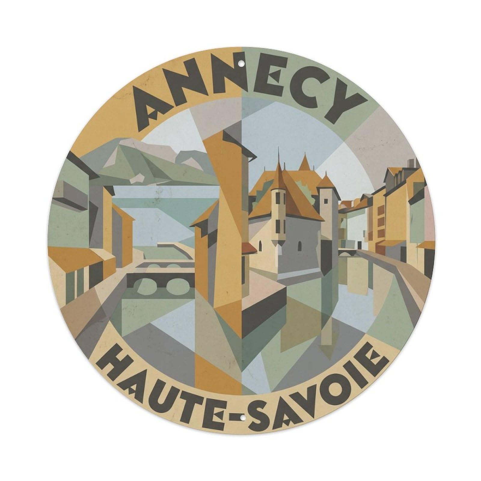 Annecy Haute Savoie Canal Village Vintage Alpine Travel Metal Tin Sign Plaque Wall Decor for Cafe, Man Cave, Club Bar, Office, Home Garden Round Metal Poster 8x8Inch