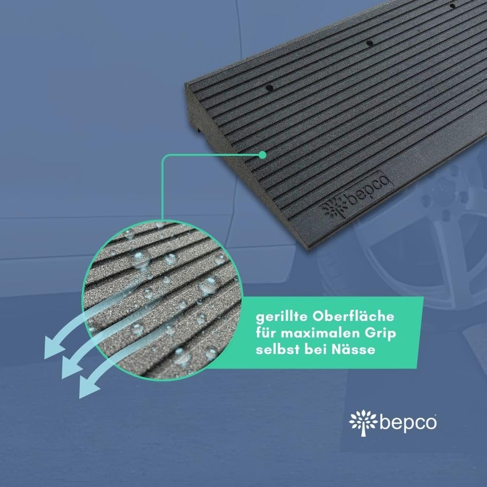 bepco Rampa progowa premium – rampa najazdowa z gumy z recyklingu, z podkładkami na taras, progi drzwi, krawężniki, schody (bez mocowania, 100 x 35 x 7,5 cm)
