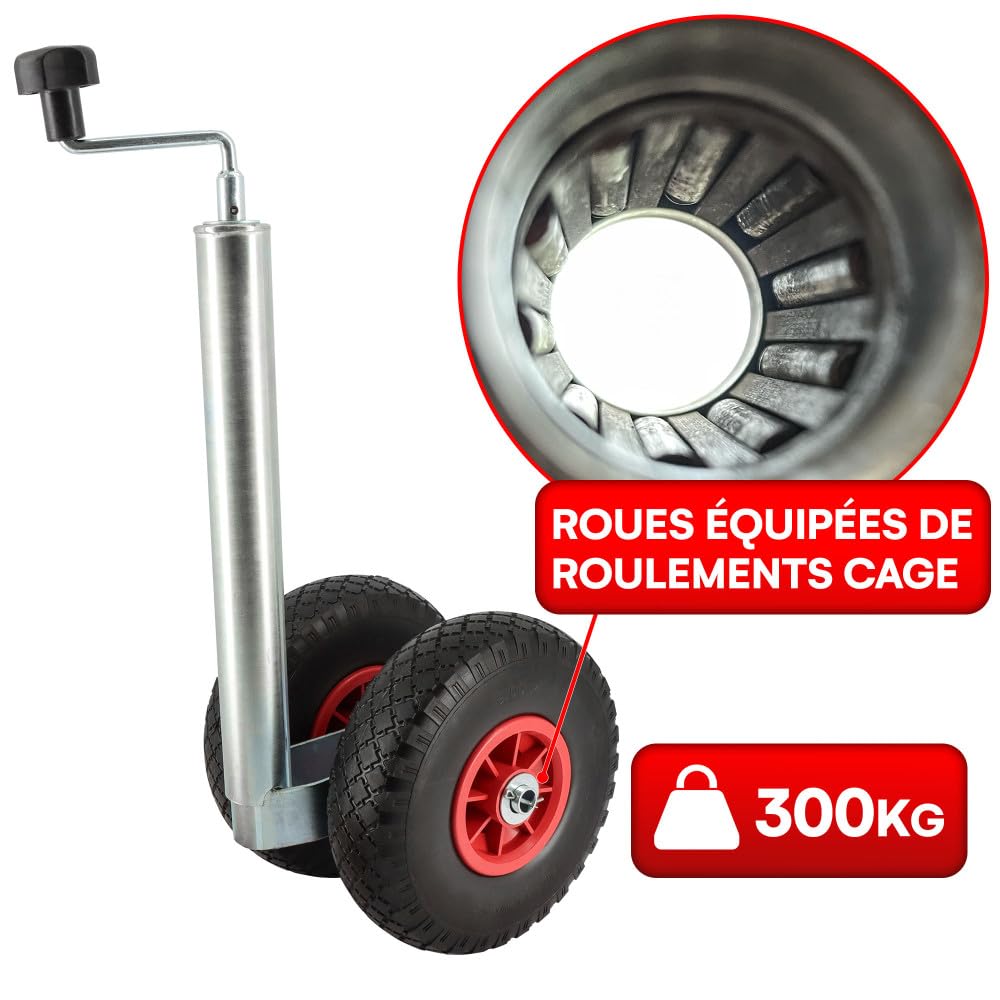Roue Jockey double - Tube métal 48mm - Pneus increvable 260x85mm - Pour caravane et remorque