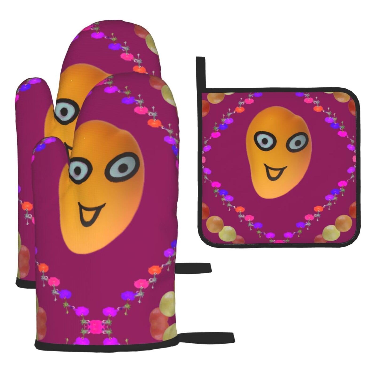 Smiley Mango Oven mittens and oven mitts three-piece set suitable for oven, grilling, baking, microwave and home cooking.