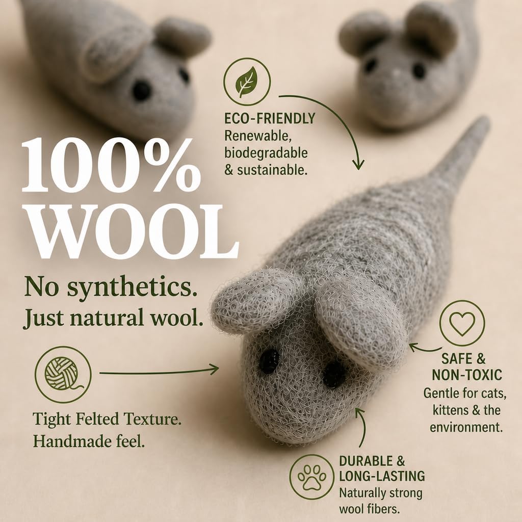 Felt Cat Toys - 3 wełniane zabawki z myszy dla kotów i kotów, kolor may vary, duże, ręcznie robione mice
