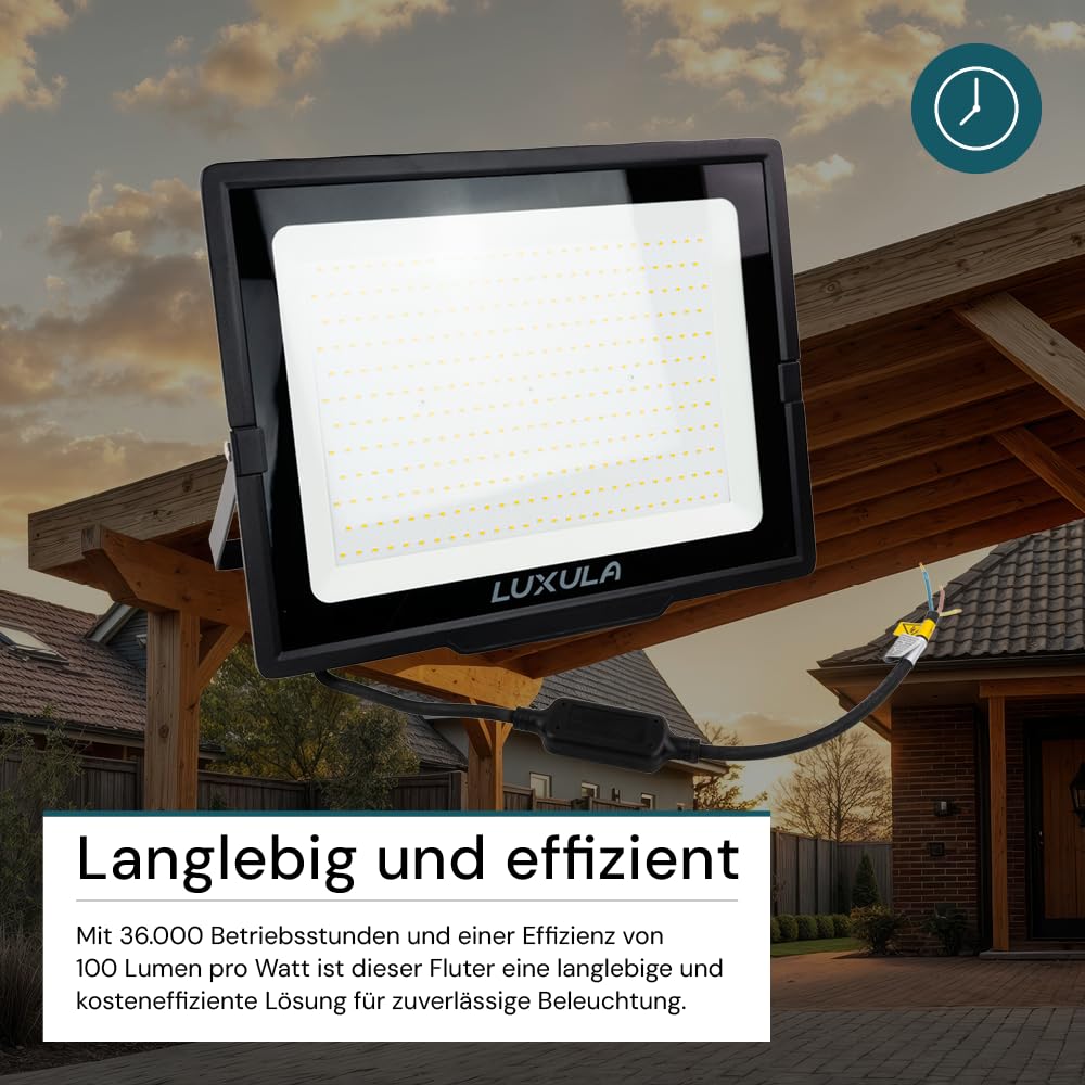 LUXULA LED Strahler Außen, 300W, 4000K Neutralweiß, 30000lm, IP65 wasserdicht, Außenstrahler Fluter, Aussenleuchte Scheinwerfer, LED Außenbeleuchtung für Garten, Einfahrt, Garage, Terrasse, Schwarz