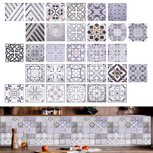 PEALOVCOM 30 PCS Autocollant pour Carrelage en PVC 15x15cm Imperméable Sticker Carrelage Adhesif Mural Salle de Bain Autocollant pour Carrelage Cuisine