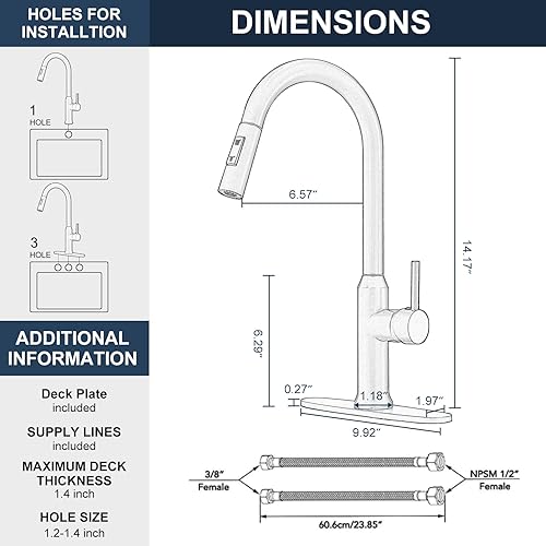 Miniatura 7 de Grifo de cocina de níquel cepillado con rociador extraíble, grifo de fregadero de cocina de arco alto con placa de cubierta, grifo de lavandería