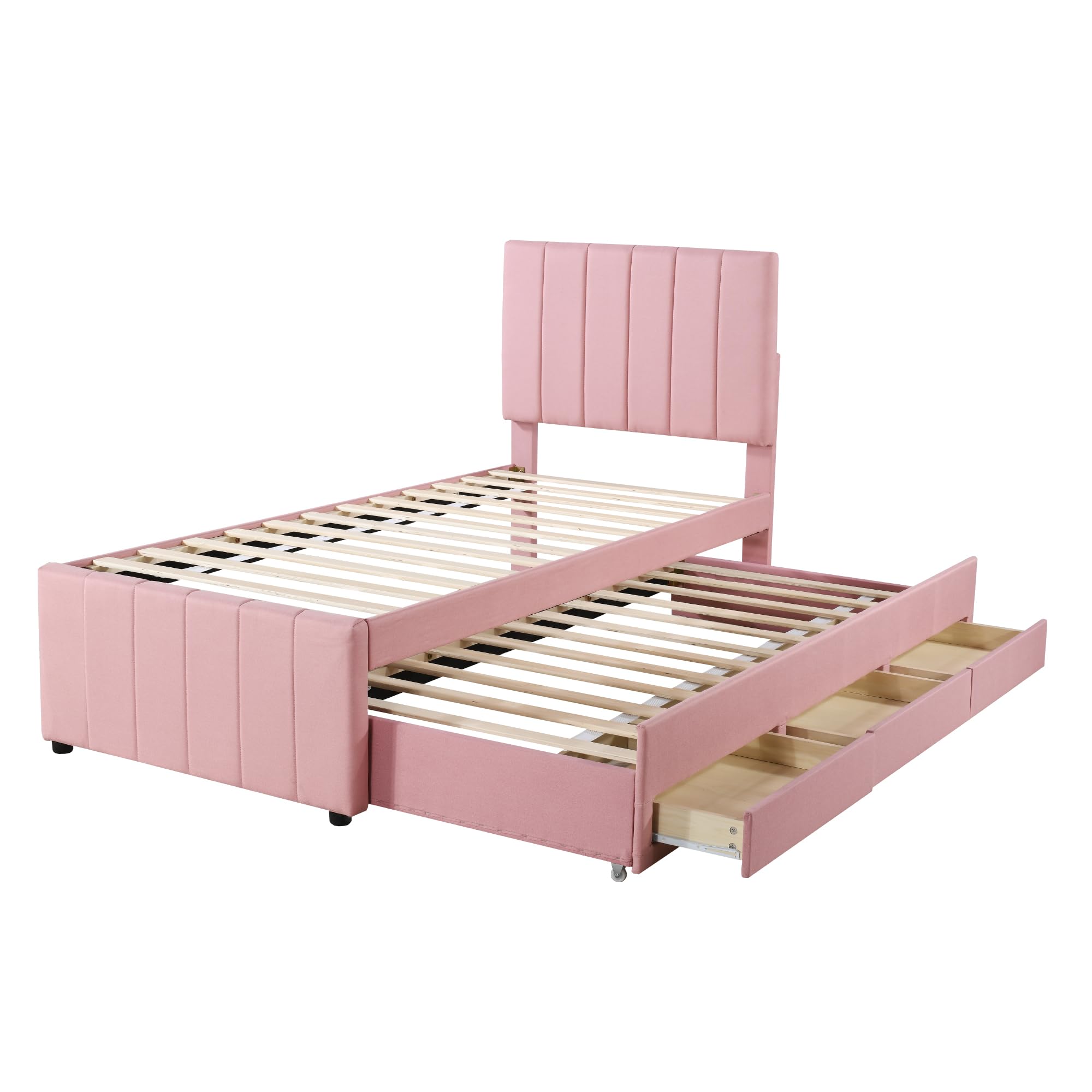 Cama tapizada de 90 x 200 cm con cama plegable y cajones de almacenamiento, acolchado de lino respetuoso con la piel, cama individual, cama infantil, cama juvenil, cama de invitados (rosa)