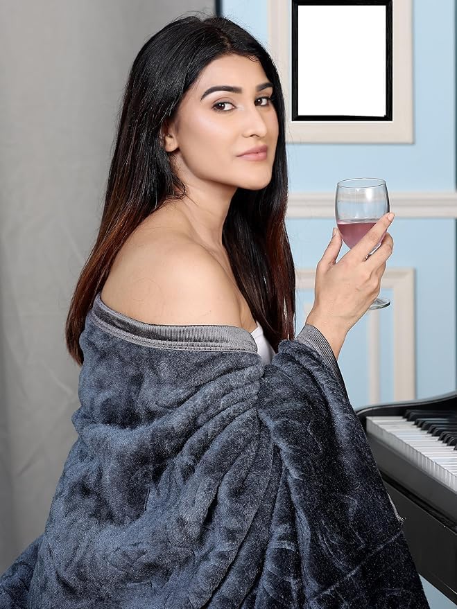 TEEJA Ultra Soft Microfiber Luxurious Embossed Very Warm Korean Mink Gray Double Bed Blanket for Winter