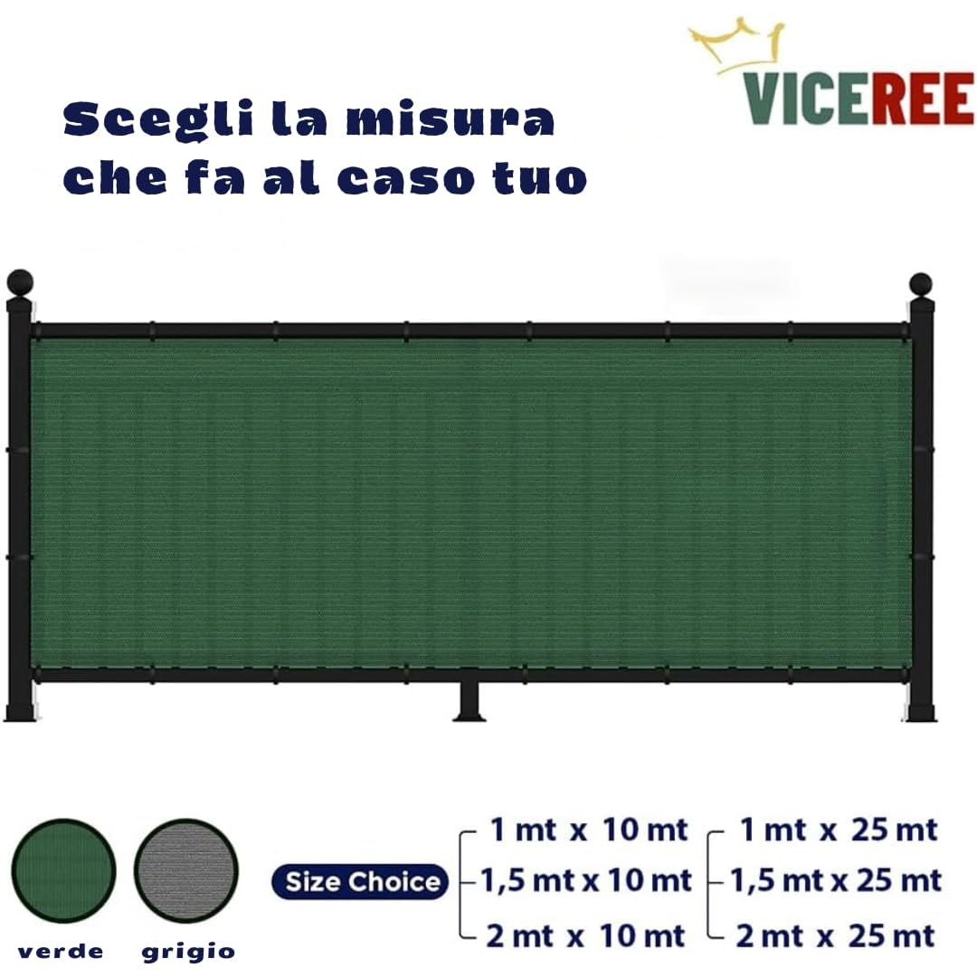 Viceree Telo Ombreggiante Verde H150cm X 25 Metri +100 Fascette Omaggio Frangivista Per Recinzione Giardino Esterno, Rete Ombreggiante Privacy 90% Oscurante Frangivista Balcone Resistente Intemperie