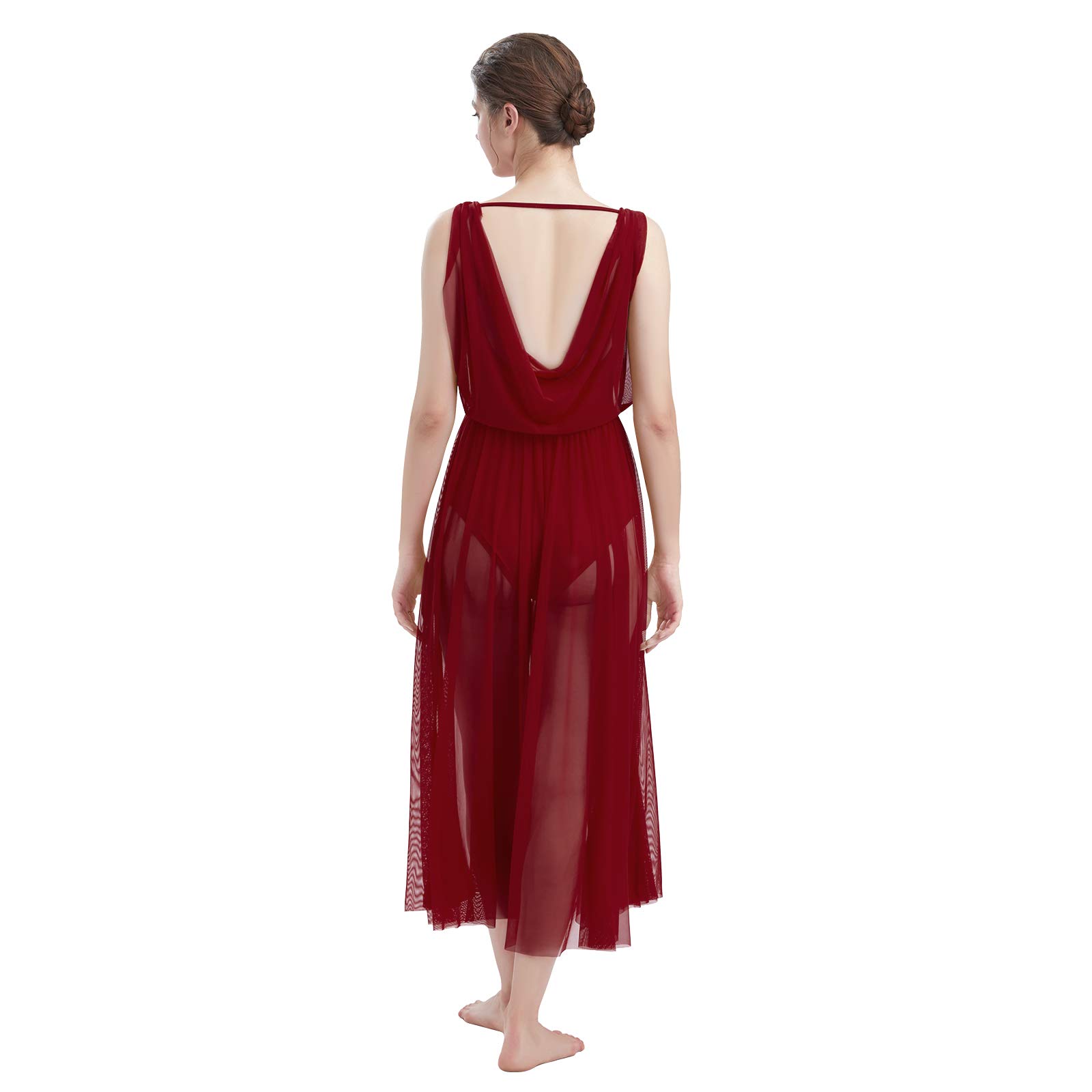 FYMNSI Adult Women Lyrical Dance Costume Modern Contemporary Dancewear V-Neck Backless Split Mesh Tulle Long Skirt Flowy Overlay Dress Stage Performance Clothing
