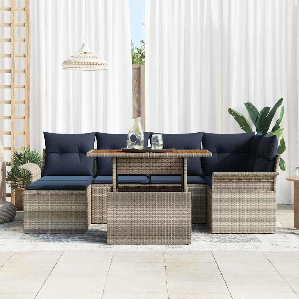 Set di mobili da giardino con vano portaoggetti, divano in polyrattan, 7 pezzi, grigio | Set da salotto modulare per terrazza e giardino con pratici scomparti e comodi cuscini in blu navy.