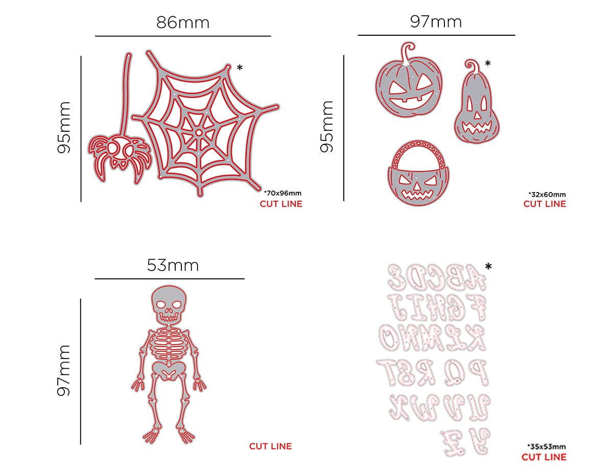 Set 4 Troqueles finos ZAG Halloween y Abecedario Para cortar papel, cartulina, goma EVA y hojas de aluminio para proyectos de tarjetería, scrapbooking y manualidades