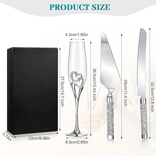 Miniatura 4 de Zhehao Juego de copas de champán y cuchillos para tartas de boda, copas de tostado, copas de champán con diamantes de imitación, decoración de