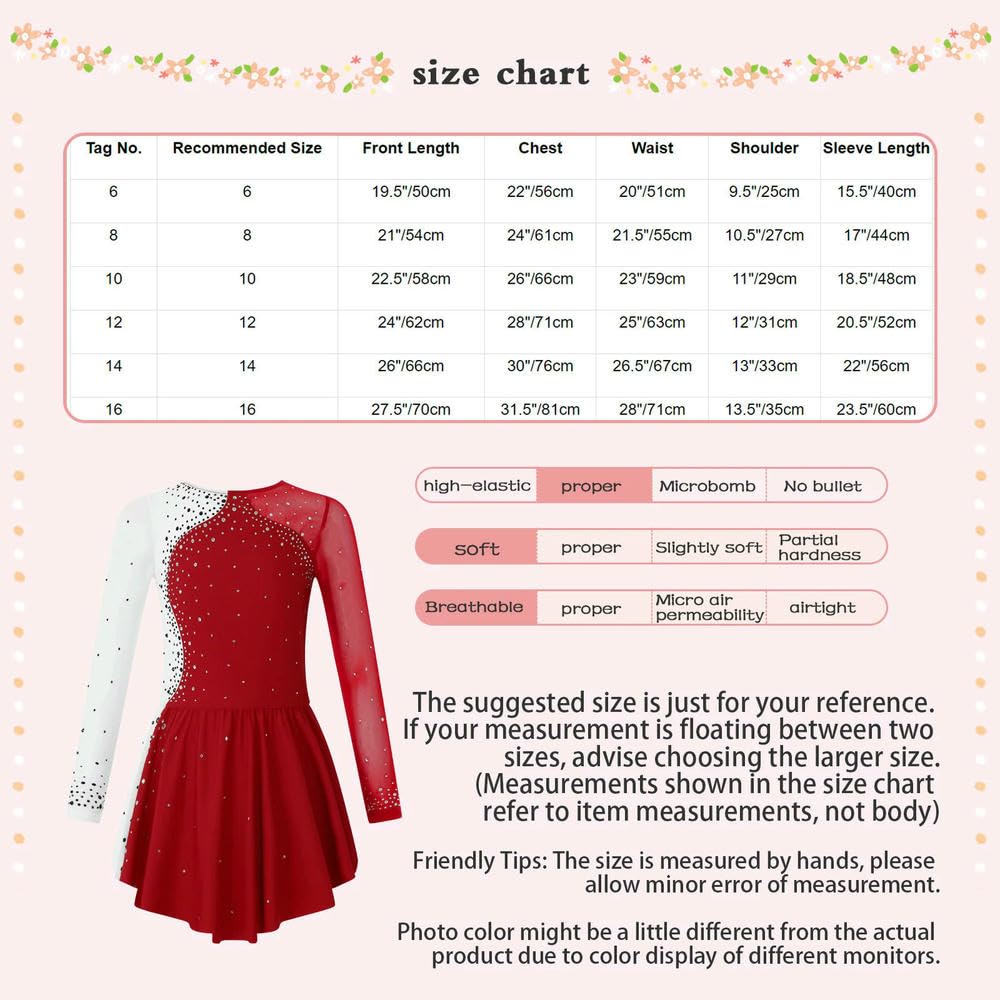 QXDZSW - Vestido de patinaje artístico para niñas, manga larga, con diamantes de imitación, vestido de gimnasia, leotardo, ballet, danza, actuación