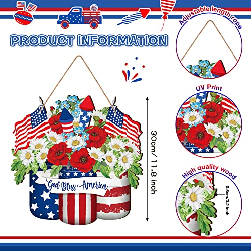 4Th Of July Decoration Wooden Mason Jar Welcome Door Sign Patriotic Wall Decor Red White Blue Wreath American Flag Hanging Sign Independence Day Decor For Door Porch Wall Memorial Day Home (Novel) #TOP2