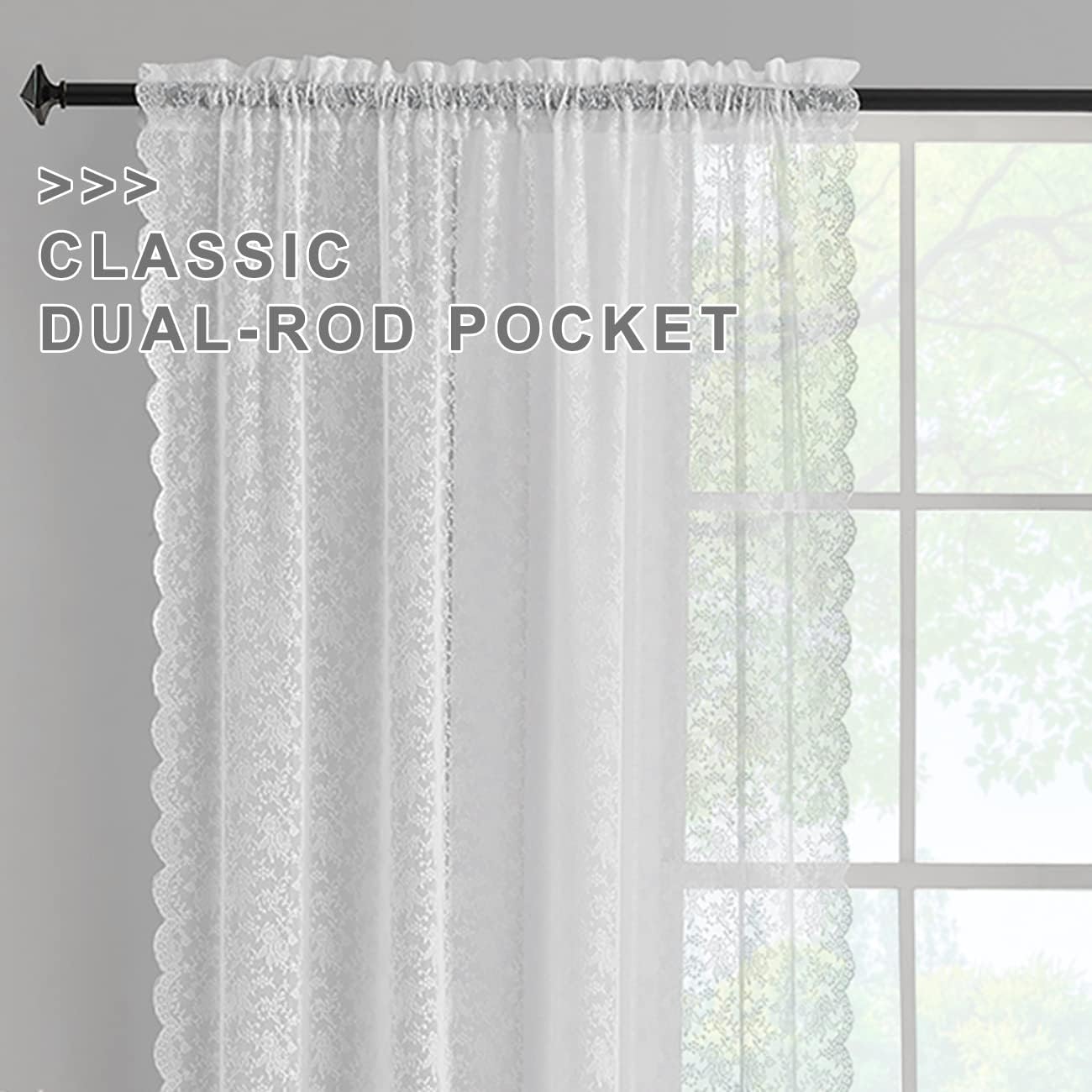 FINECITY White Lace Curtains 108 Inch Length - Vintage Rose Floral Lace Curtains for Living Room, Light Filtering and Privacy White Sheer Curtains 2 Panels, 52 x 108 Inch, White