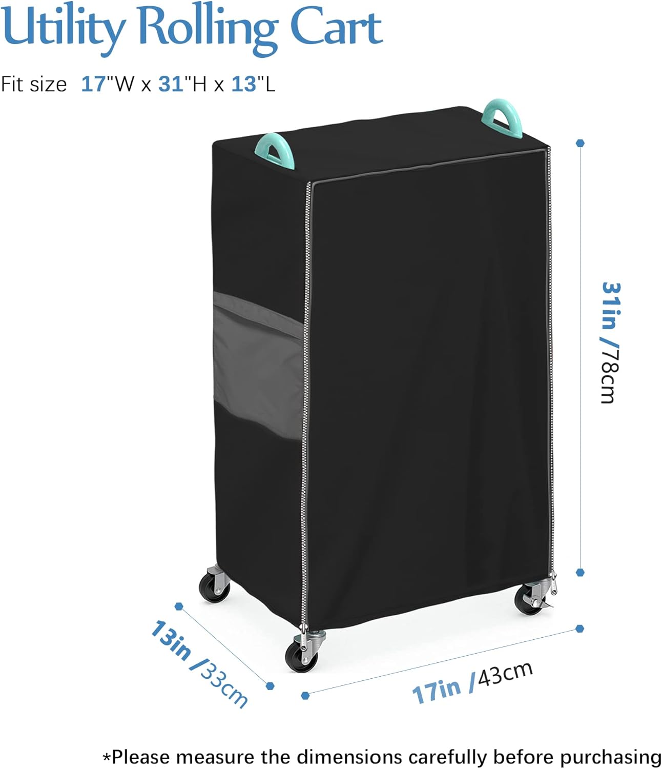 Utility Cart Cover with Storage Pockets, Heavy Duty Waterproof Dustproof Protective Cover Fits 17” D x 13” W x 31” H Black Supply Cart Cover for Home Office (Cart Not Included)