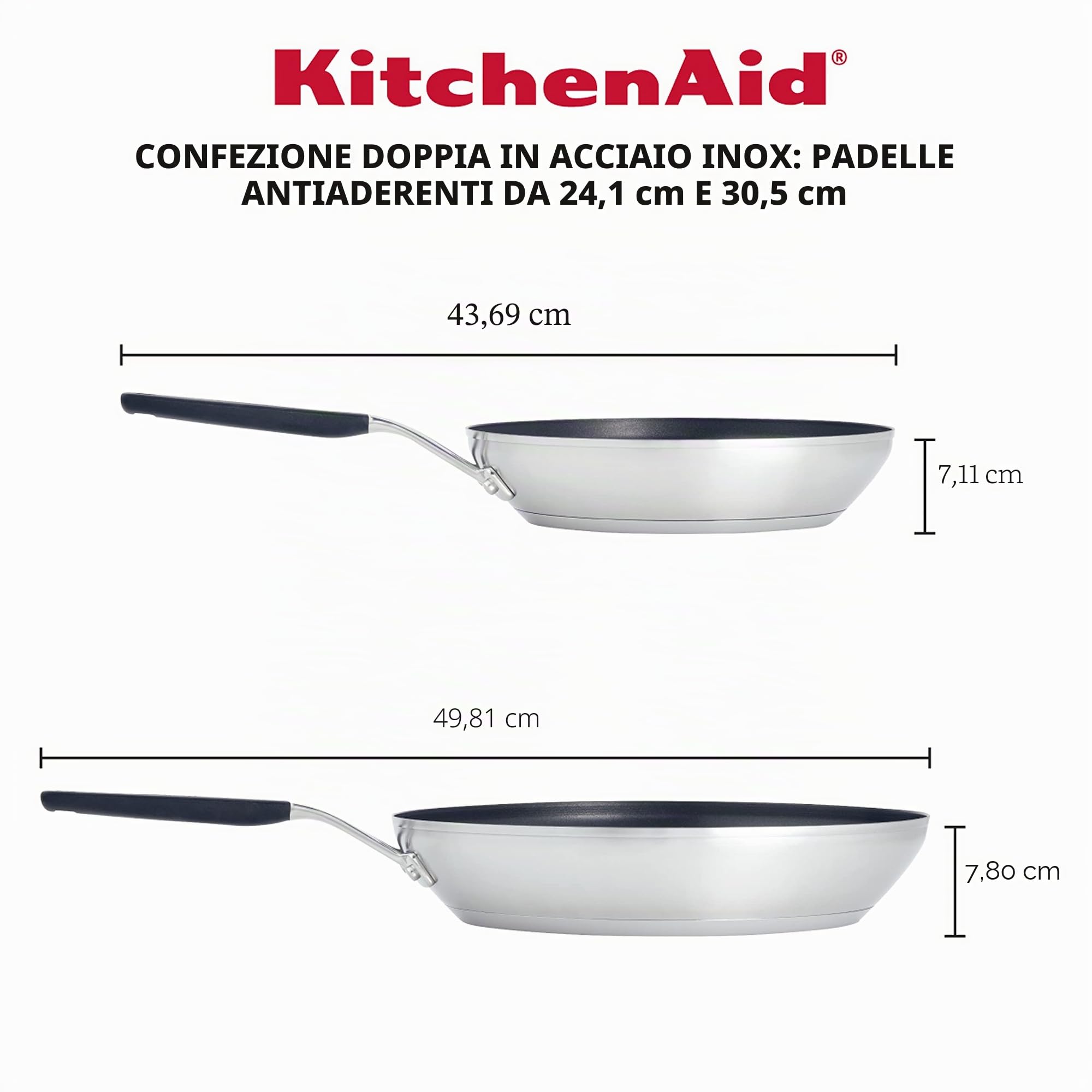 KitchenAid Set di padelle/padelle antiaderenti in acciaio inox, 24,9 cm e 30,5 cm, acciaio inossidabile spazzolato