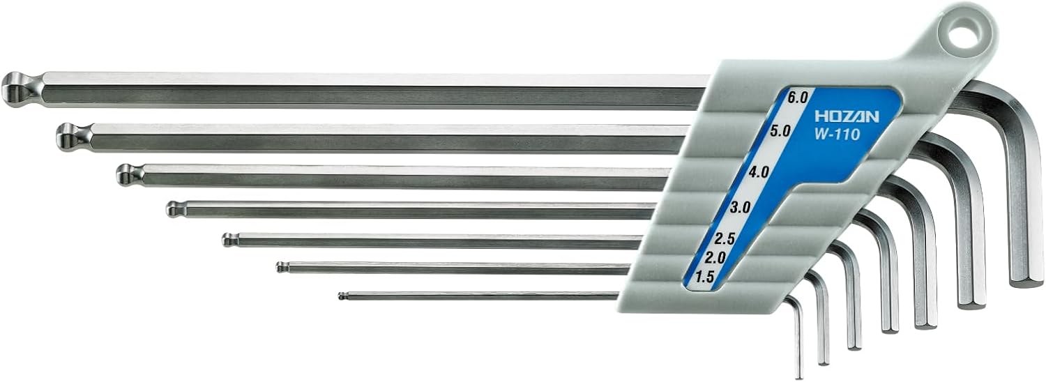 Hozan W-110 Ball Head Hex Wrench Set, 7 Pieces : 1.5, 2, 2.5, 3, 4, 5, and 6mm