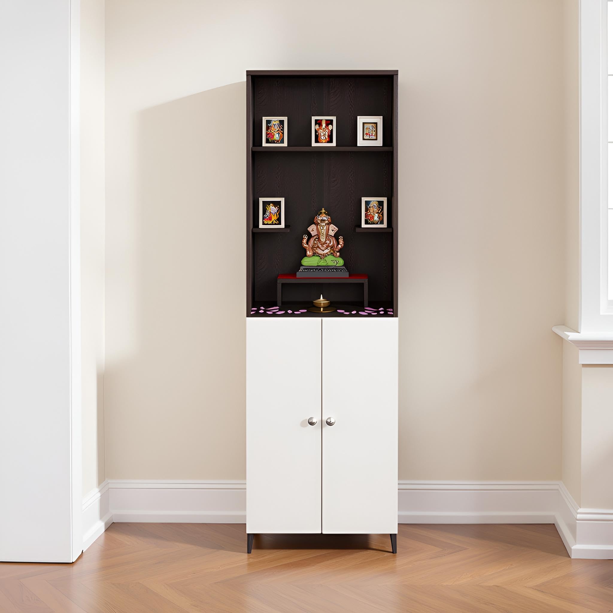 FURNEASER Anvika Engineered Wood Pooja Mandir for Home | Modern Design Temple for Home & Office | Puja Stand Shelf | Prayer Cabinet Shelf (Wenge & White)