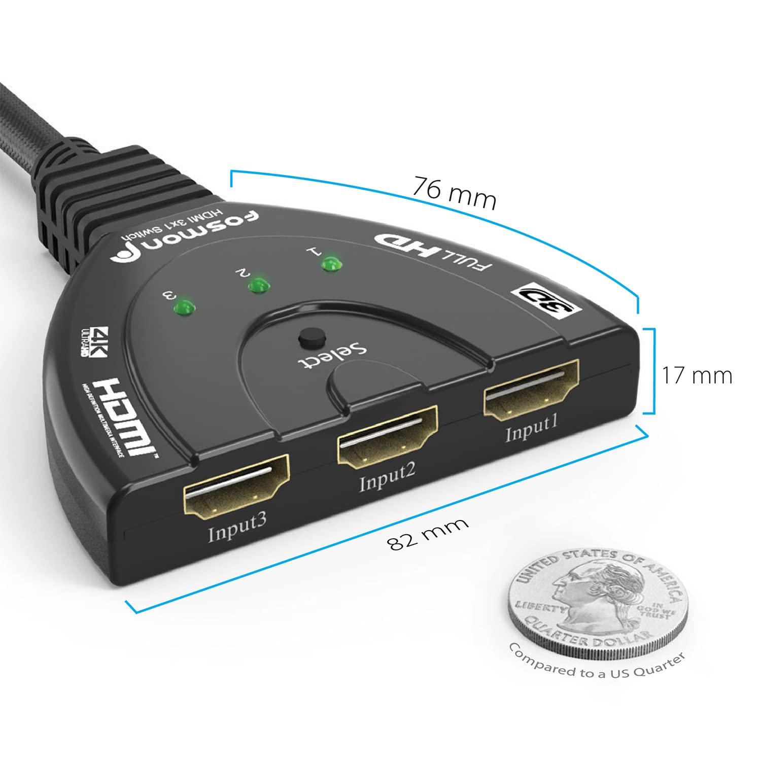 Fosmon Commutateur HDMI Automatiques 4k, 3 Entrées 1 Sortie HDMI Switch - UHD HDR 3D 1080p HDCP, Splitter Switcher Répartiteur Sélecteur Auto pour HDTV Lecteurs DVD Blu ray PS4 Xbox Apple Fire Roku