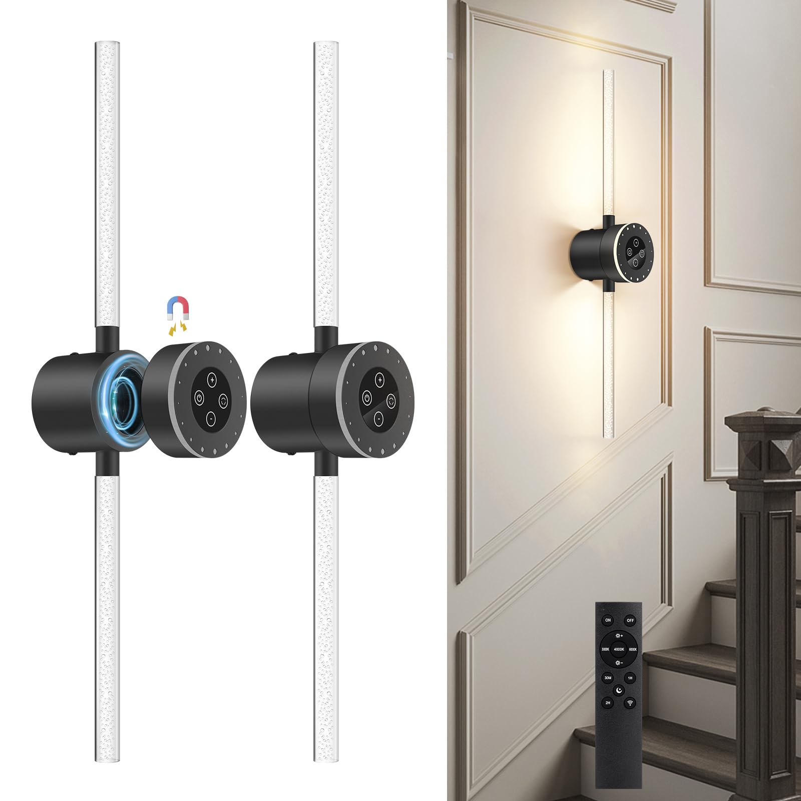 Frideko 10000mAh Rechargeable Wall Lights Set of 2, Battery Operated Wall Sconce Lights Dimmable 3 Colors with Touch and Remote Control, Acrylic Bubble Tube Wireless Wall Lamp for Living Room Bedroom