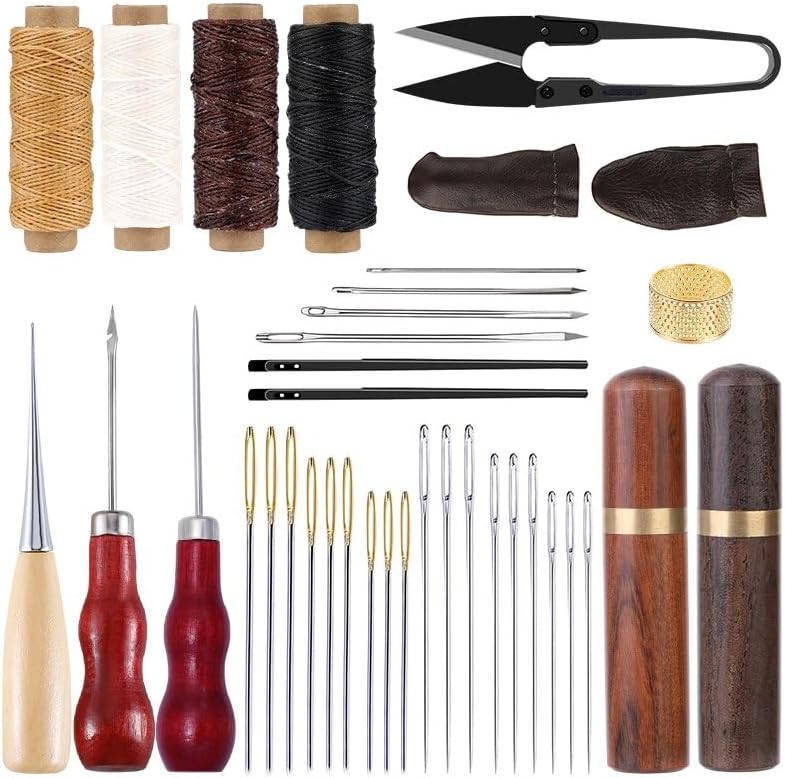MIUSIE Leather Sewing Kit Large Eye Sewing Needle Hand Stiching Sewing Awl With Wax Thread Thimble For Leather Sewing Work - (Color: Type 2)