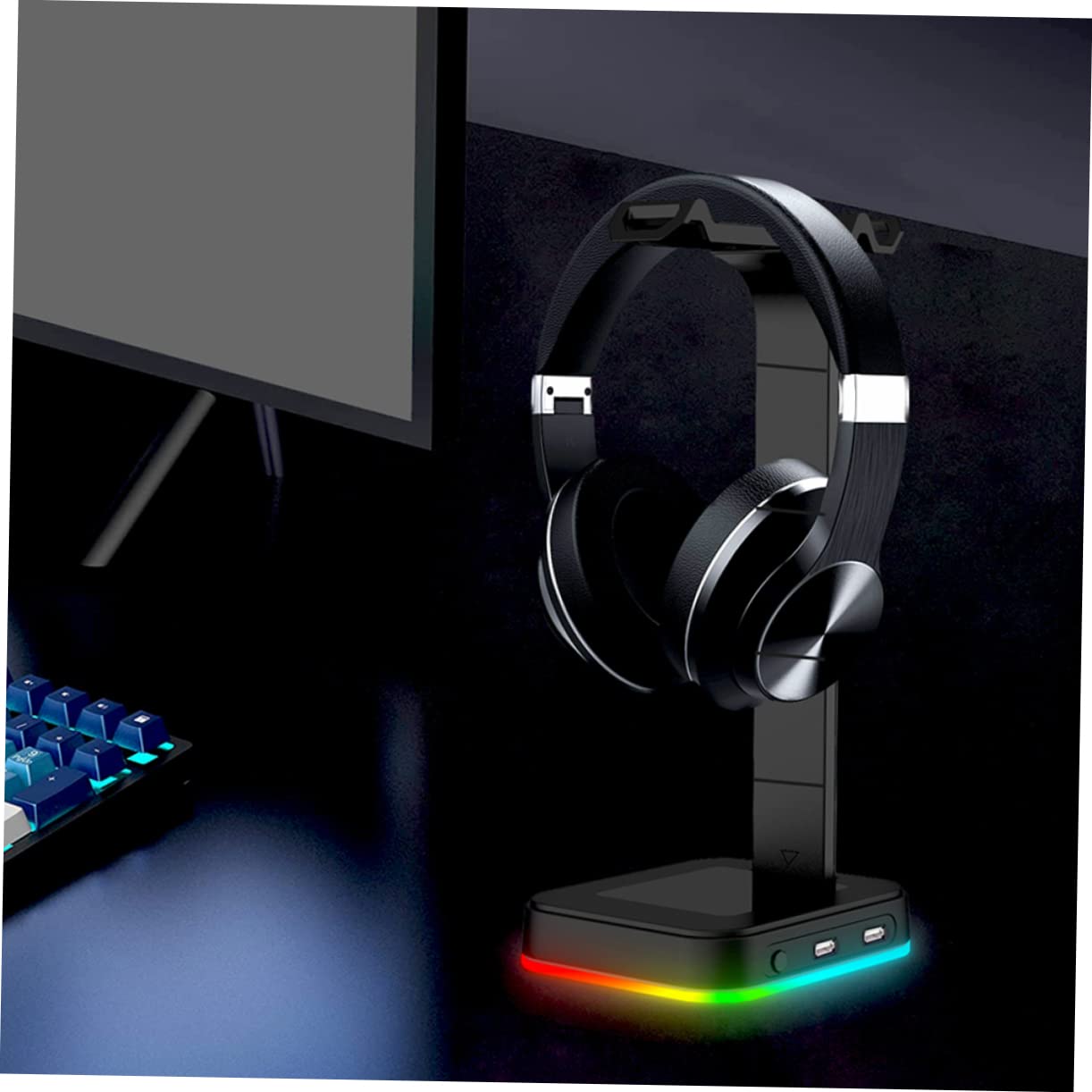 Hemobllo Headset Tischständer mit RGB Beleuchtung und Dual USB Hub, Schwarz