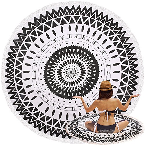 Oummit Serviette de plage ronde de style mandala indien en coton avec franges, en microfibre super douce, multi-usages, parfait pour le repos sur la plage et pour pratiquer le yoga Multicolore-1